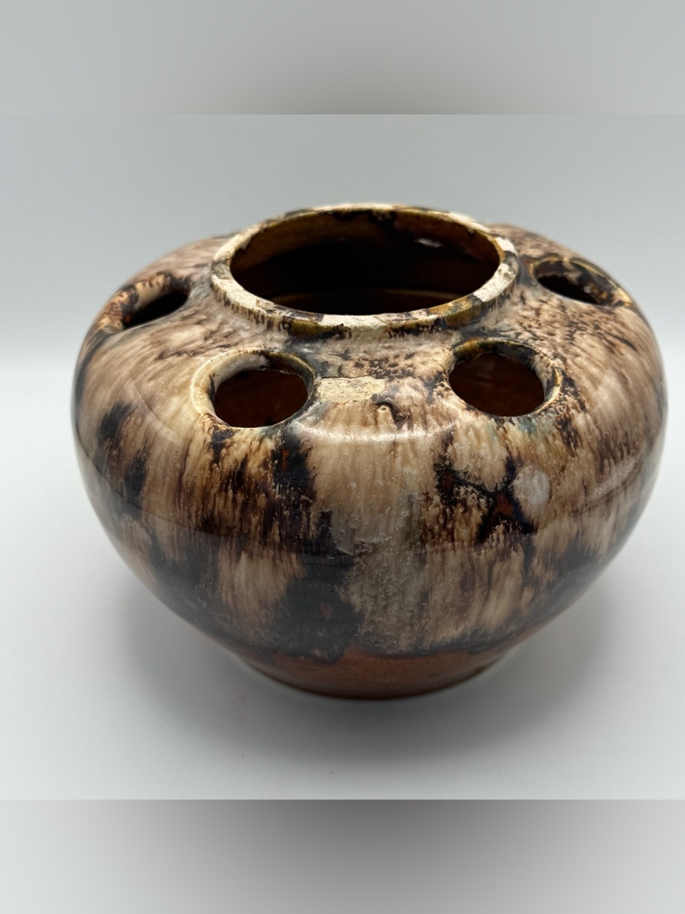 Vintage USA Pottery Drip Glaze Flower Frog Vase Bowl #524 MCM Earth Tone